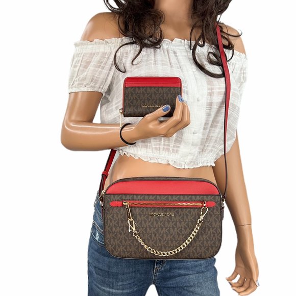 Michael Kors Jet Set Chain Crossbody Bag + Card Case Wallet Set MK Brown Red - Picture 1 of 14